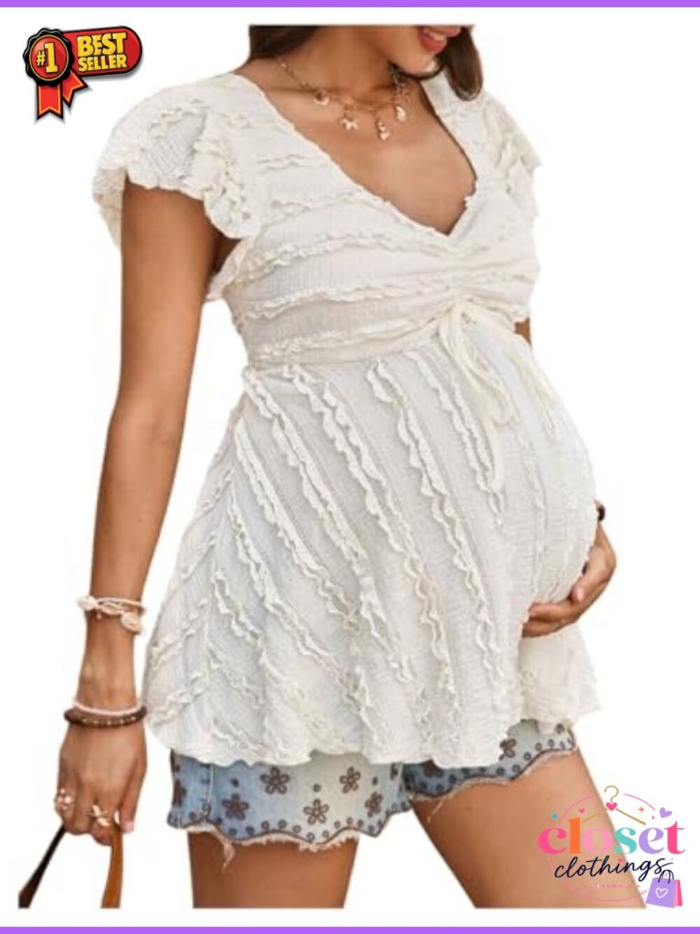Maternity Ruffle Sweetheart Babydoll Top Cap Sleeve Textured Blouse